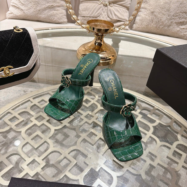 CC 26A Camellia Double C Square Toe Mules 10cm Green Stone-Grain Cowhide 890674