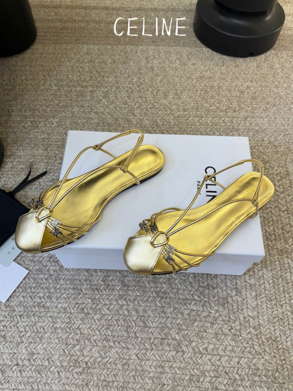 CL Gelie Flat Sandals Gold Metallic Calfskin Leater 891052