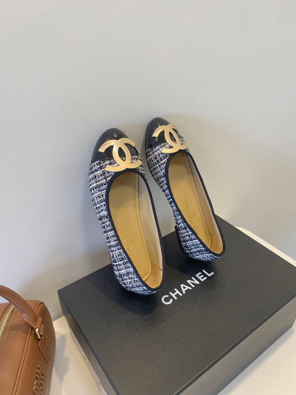 CC 26P Ballet Flats Black White Tweed & Patent Leather 890839