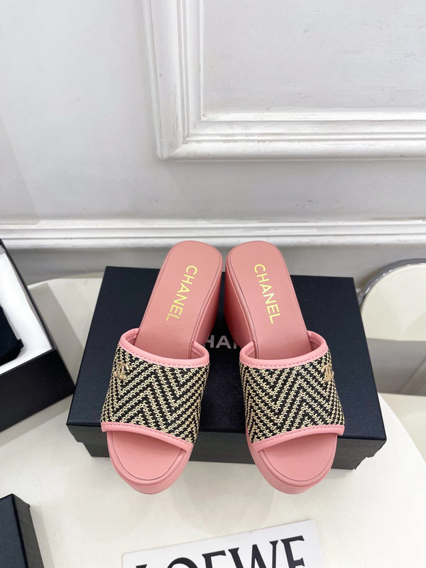 CC Double C Platform Wedge Mules 10cm Pink Tweed 891786