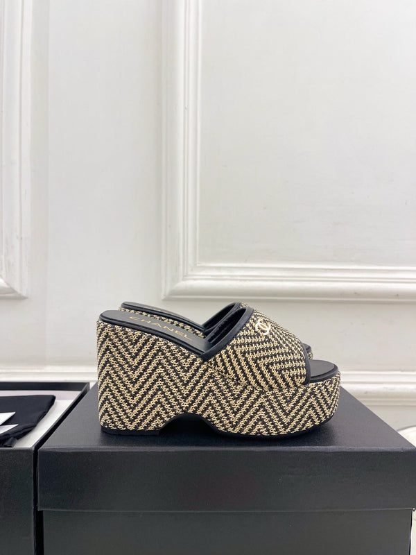CC Double C Platform Wedge Mules 10cm Black Tweed 891783