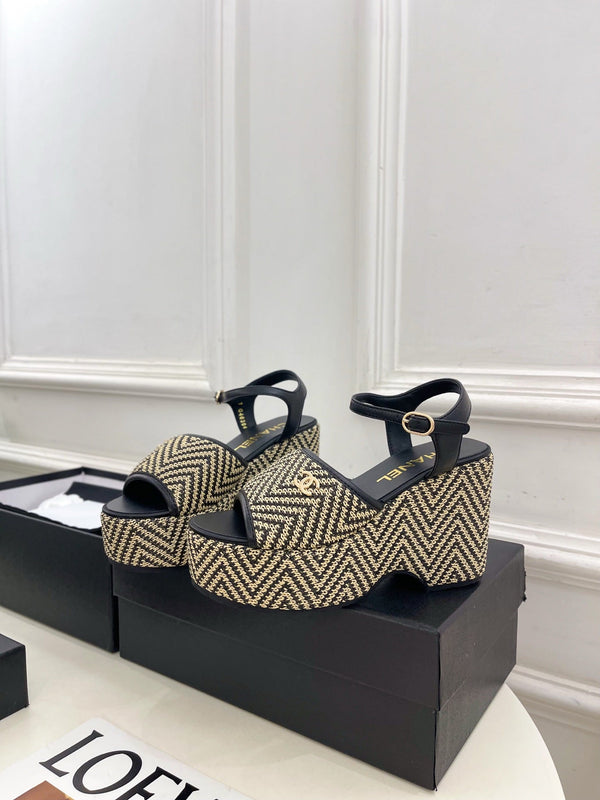 CC Double C Platform Wedge Sandals 10cm Black Tweed 891780
