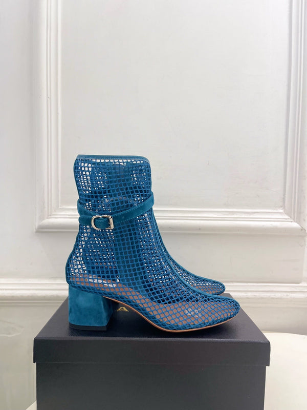 Alaia Boots 5.5cm Fishnet Ankle Boots Dark Blue Mesh Suede 892045
