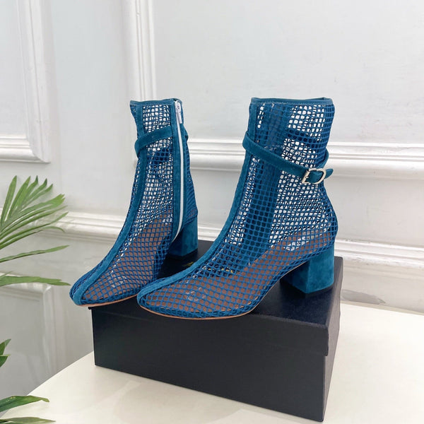 Alaia Boots 5.5cm Fishnet Ankle Boots Dark Blue Mesh Suede 892045