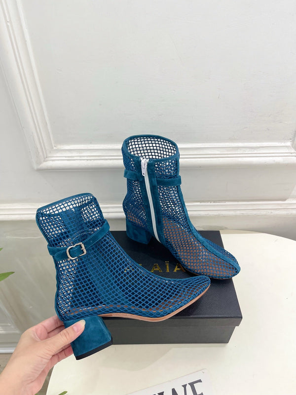 Alaia Boots 5.5cm Fishnet Ankle Boots Dark Blue Mesh Suede 892045