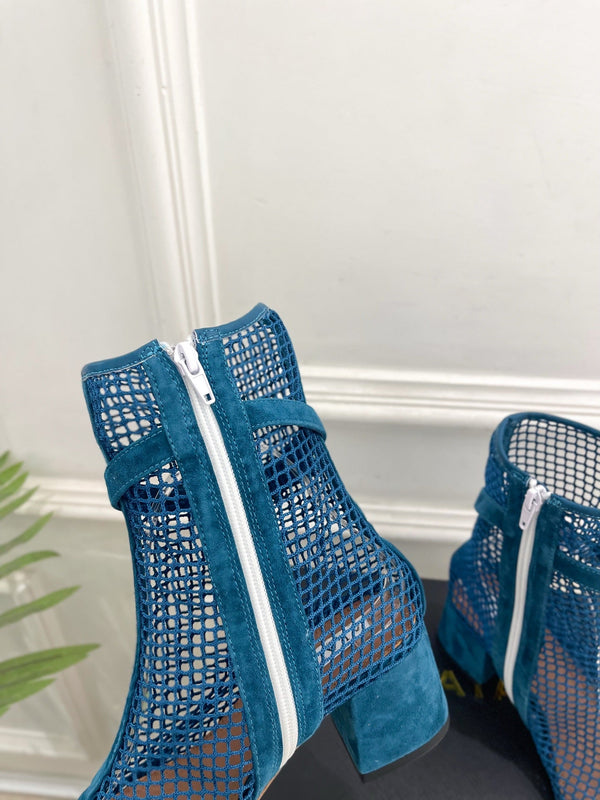 Alaia Boots 5.5cm Fishnet Ankle Boots Dark Blue Mesh Suede 892045