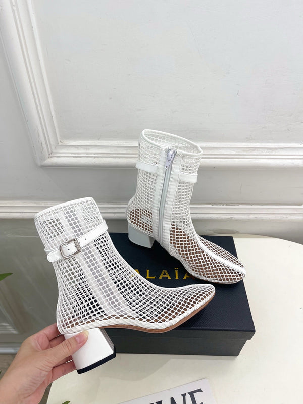 Alaia Boots 5.5cm Fishnet Ankle Boots White Mesh Patent Leather 892043
