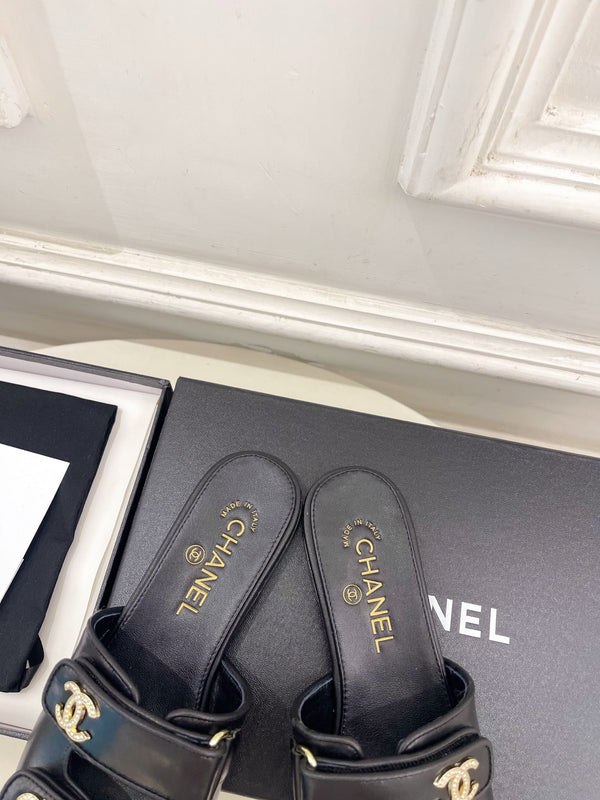 CC Crystal Double C Velcro Flat Mules Black Lambskin 891662
