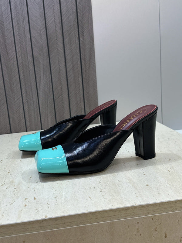 CC Cap Toe Mules 90mm Black Teal Patent Leather 896855