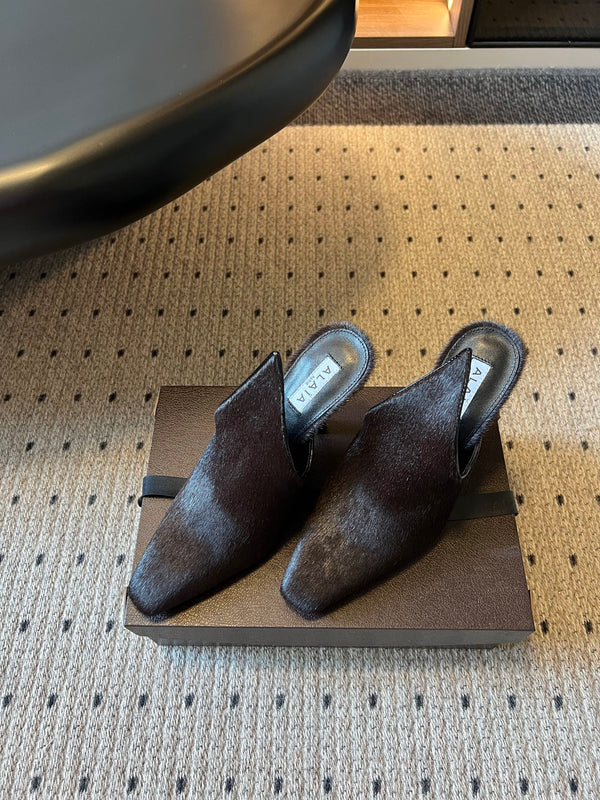 Alaia 26ss Pointed Toe Mules 10cm Black Pony Hair