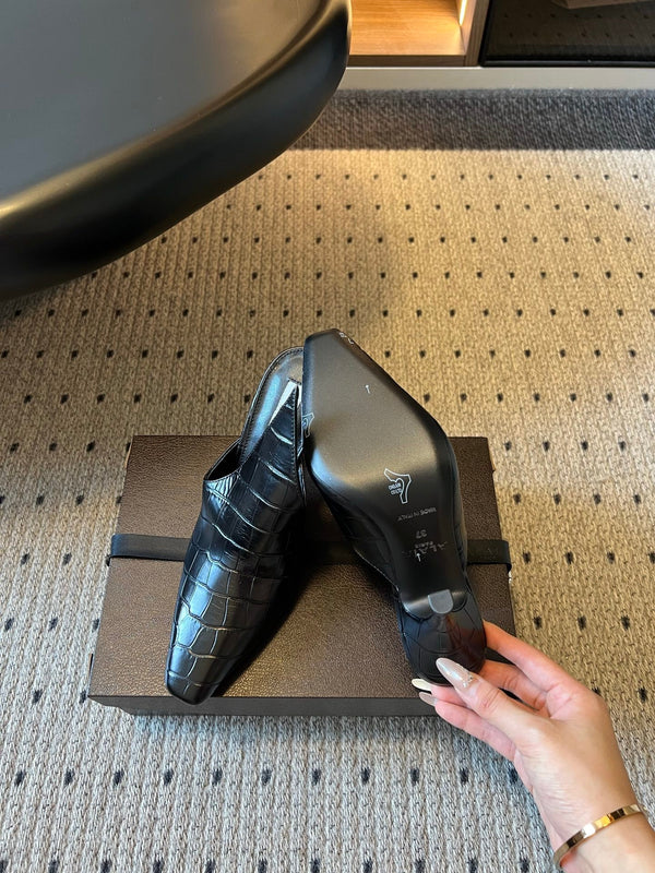 Alaia Croc-Embossed Pointed Toe Mules 10cm Black Cowhide