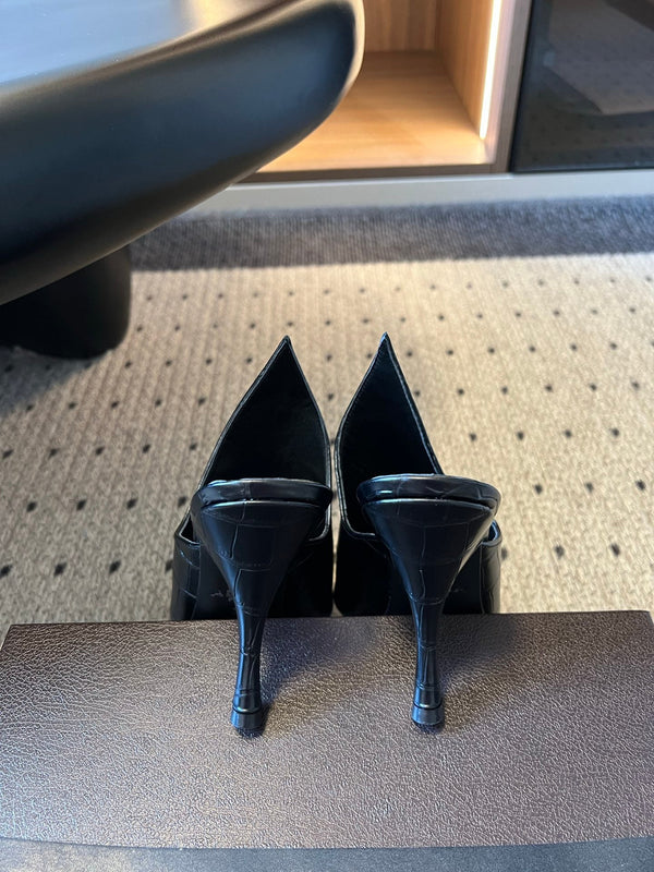 Alaia Croc-Embossed Pointed Toe Mules 10cm Black Cowhide
