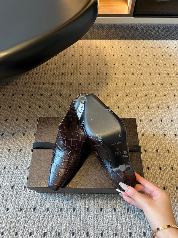 Alaia Croc-Embossed Pointed Toe Mules 10cm Chocolate Cowhide