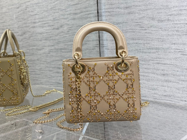 CD Mini Lady Dior Bag 17cm Beige Cowhide Leather Crystal 160004