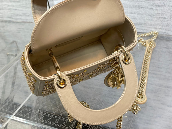 CD Mini Lady Dior Bag 17cm Beige Cowhide Leather Crystal 160004