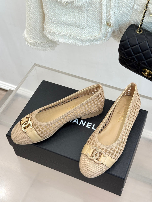 CC Mesh Woven Ballet Flats Beige Woven Fabric 904674