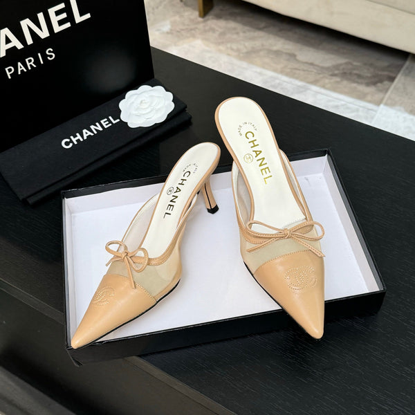 CC Bow Pointed Toe Mules Beige Mesh & Leather 912942