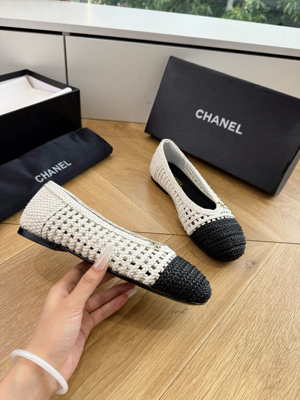 CC Braided Ballet Flats Black White Fabric 916121