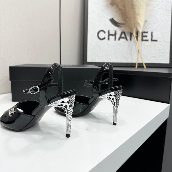 CC Slingback Heel Sandals Black Patent Leather 925713