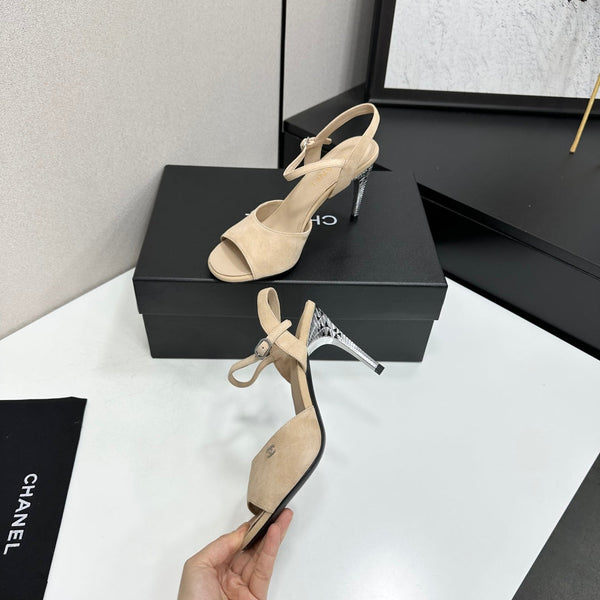 CC Slingback Heel Sandals Beige Suede Leather 925653