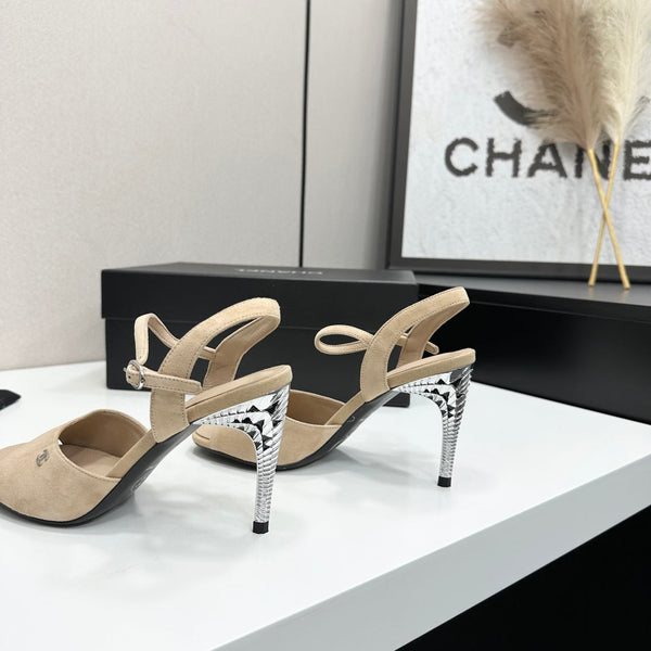 CC Slingback Heel Sandals Beige Suede Leather 925653