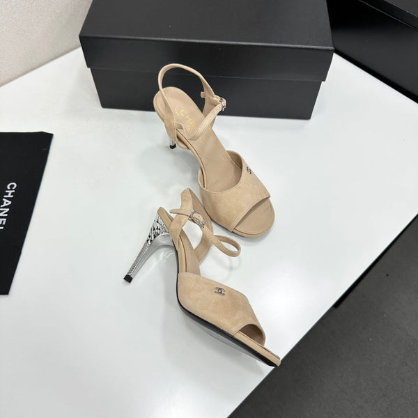 CC Slingback Heel Sandals Beige Suede Leather 925653