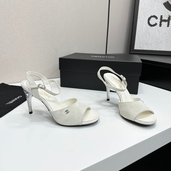 CC Slingback Heel Sandals White Suede Leather 925651