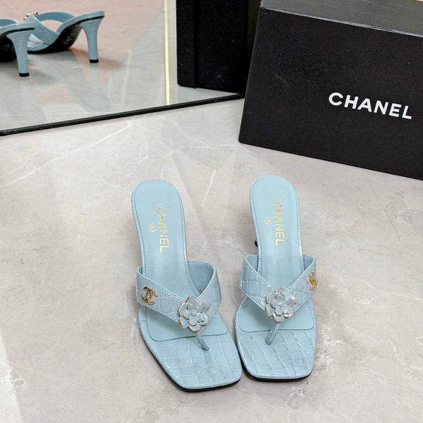CC 26A Camellia Double C Thong Sandals 8.5CM Blue Stone-Grain Cowhide 938252