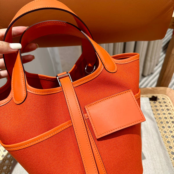 HM Picotin Lock 18CM Pocket Handbag Orange Swift Canvas