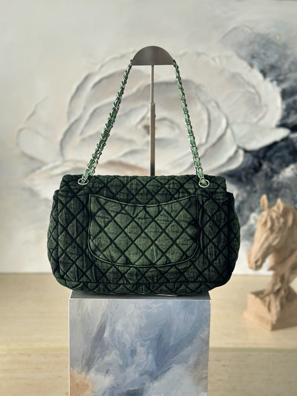 CC Quilted 32cm Maxi Flap Bag Green Imported Denim Jeans 162941 162929
