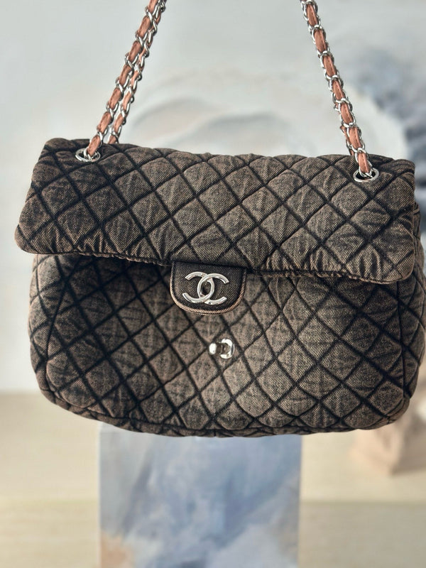 CC Quilted 32cm Maxi Flap Bag Army Green Imported Denim Jeans 162935