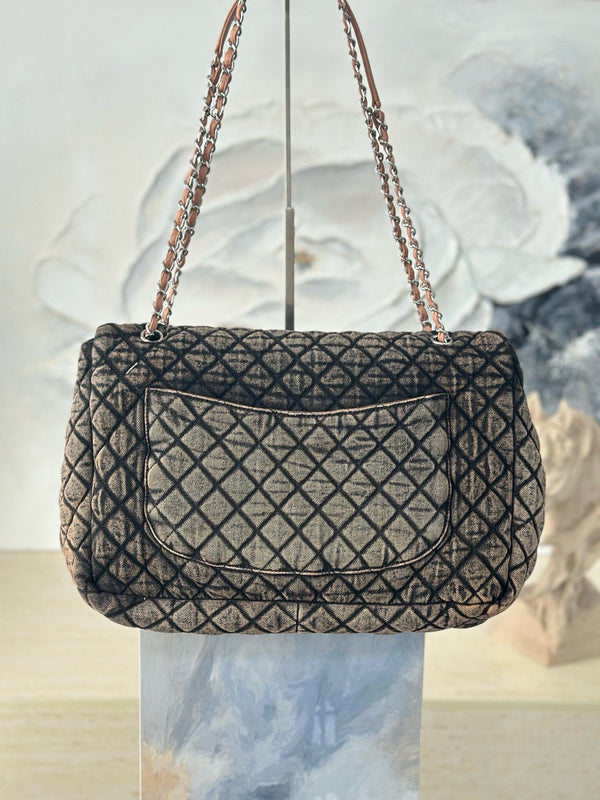 CC Quilted 38.5cm Maxi Flap Bag Army Green Imported Denim Jeans 162933