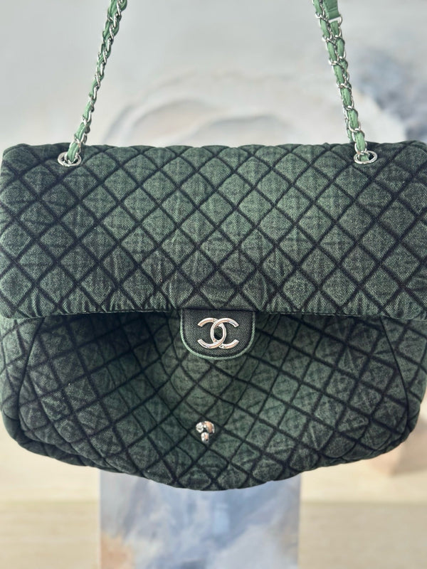 CC Quilted 38.5cm Maxi Flap Bag Green Imported Denim Jeans 162927