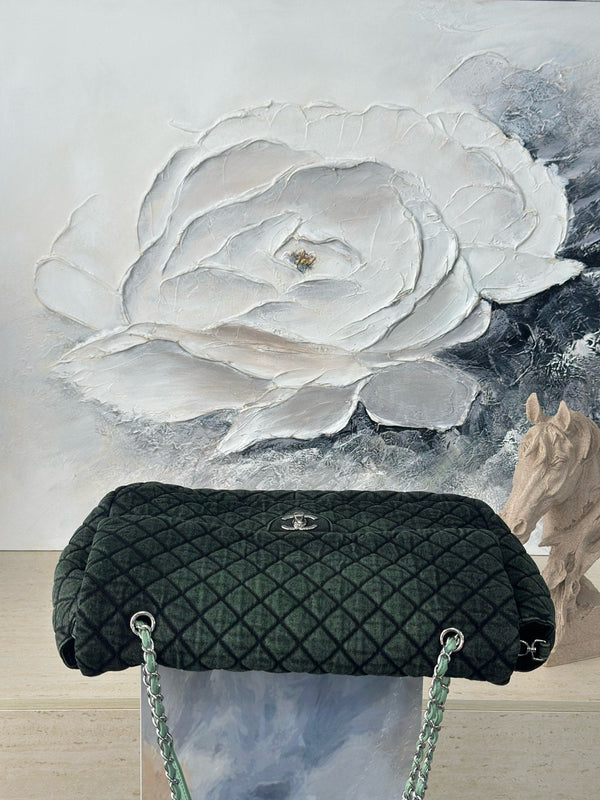 CC Quilted 38.5cm Maxi Flap Bag Green Imported Denim Jeans 162927