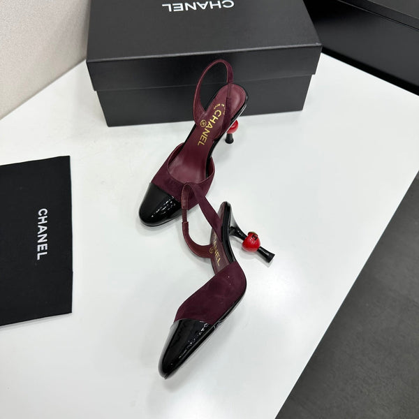 CC Métiers d'Art Apple Heel Slingback Pumps Burgundy Black Suede Leather 944648