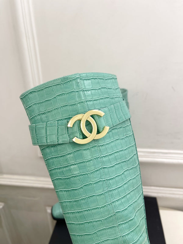 CC Double C Knee-High Boots 3.5CM Mint Green Croc-Embossed Leather 946897