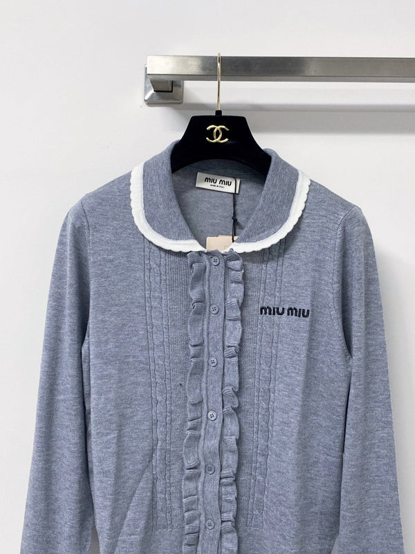 Miu Embroidered Logo Cardigan Ruffled Collar Tencel 799805