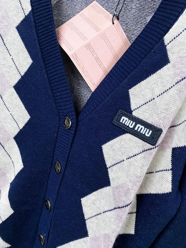 Miu Argyle Cardigan Blue Navy Wool 799747