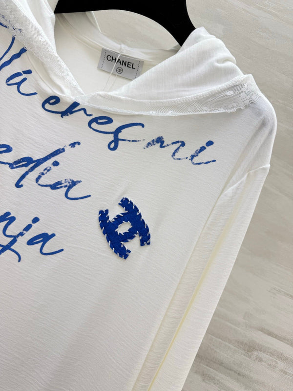 CC Hooded Lace Trim Shirt Blue Script Lettering 416094