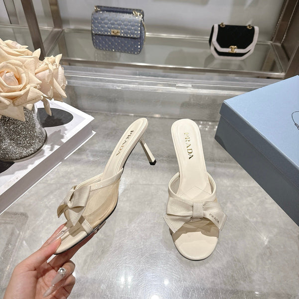Prad Bow-Detail Kitten Heel Mules 7.5CM Cream Leather 951942