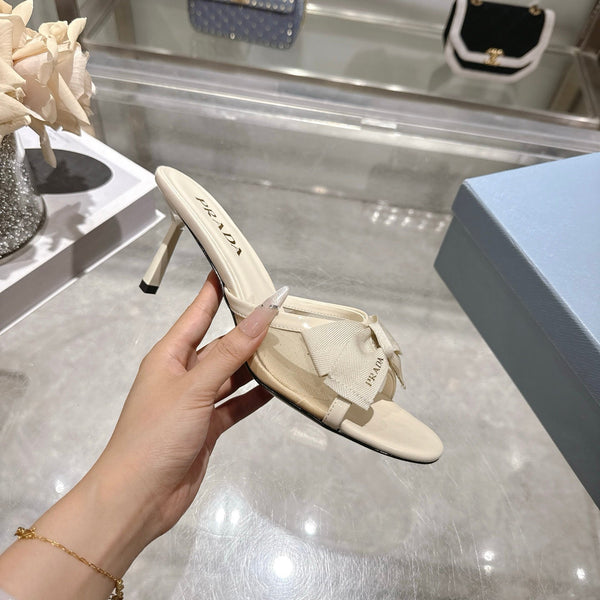 Prad Bow-Detail Kitten Heel Mules 7.5CM Cream Leather 951942