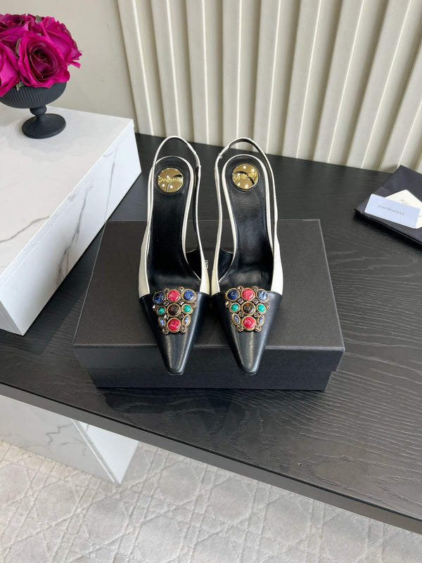 YSL Iceland Slingback Pumps 10CM Crystal Embellishment Black White Leather 956515