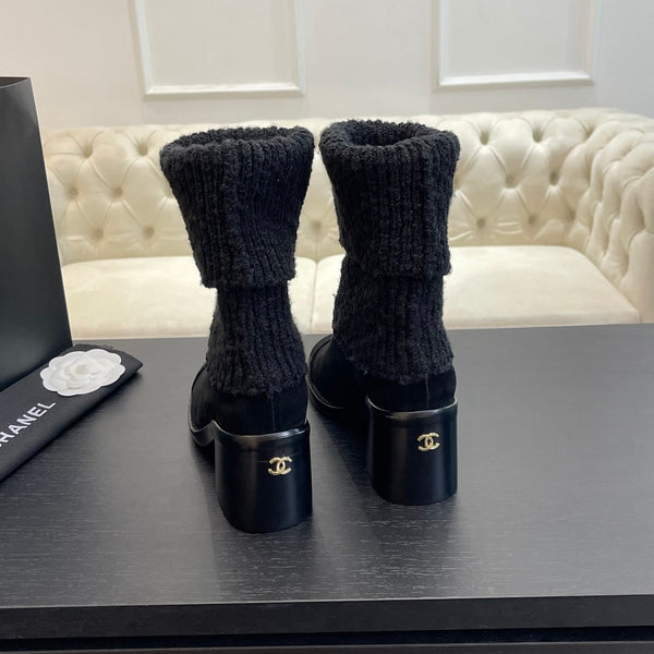 CC Sock Ankle Boots Block Heel 6cm Black Suede Knit 958122