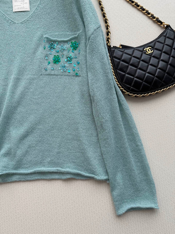 CC V-Neck Sequin Blue Knit Sweater 417716