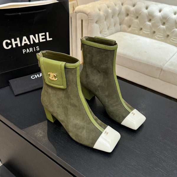 CC Ankle Boots White Square Toe Olive Green White Suede Leather 958075