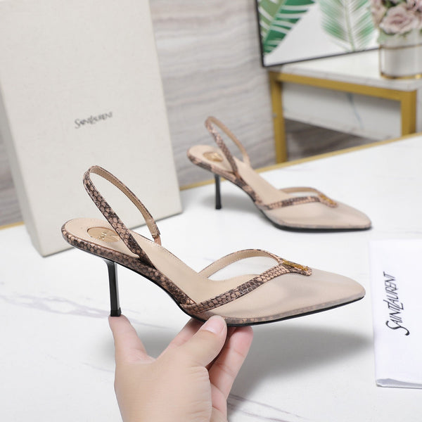 YSL Folie Slingback Pumps 6.5cm Beige Mesh Black Leather 961600
