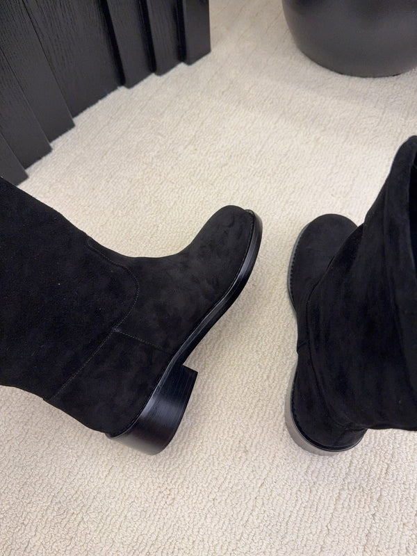 CC Mid-Calf Boots 4CM Gold Chain Charm Black Suede 961499