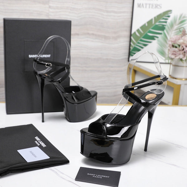 YSL Kika Platform Sandals Stiletto Heel Black Patent Leather 961645
