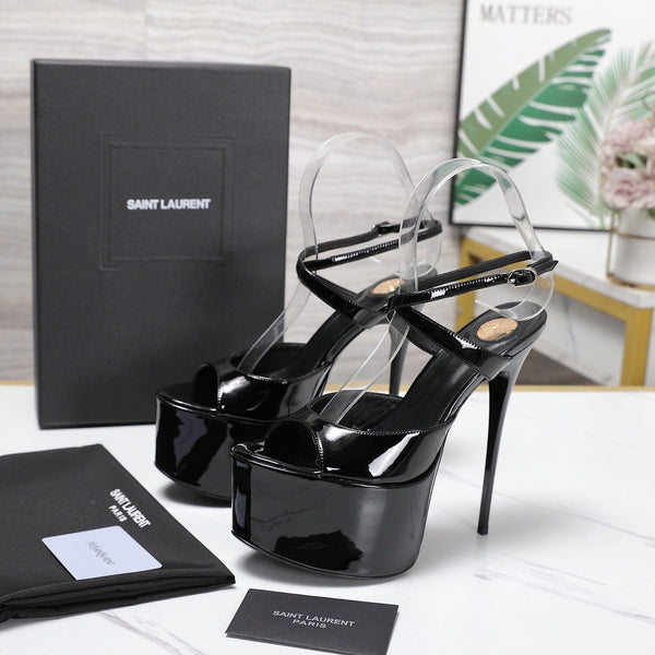YSL Kika Platform Sandals Stiletto Heel Black Patent Leather 961645