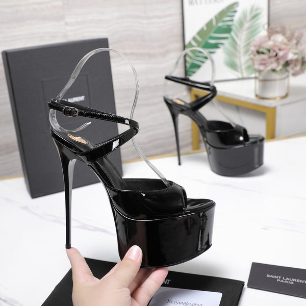 YSL Kika Platform Sandals Stiletto Heel Black Patent Leather 961645